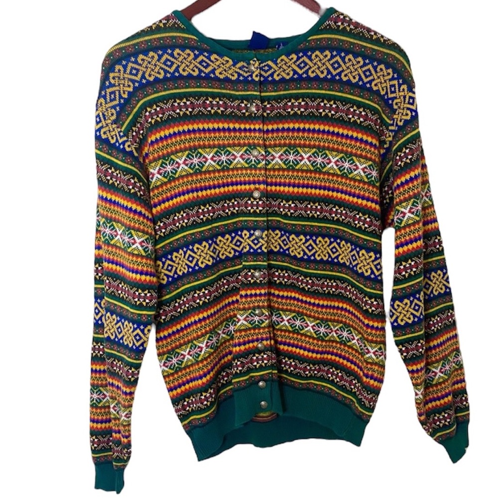 Vintage 90’s Gap Grandpa Button Down Crewneck Cardigan in Forest Green Fairisle